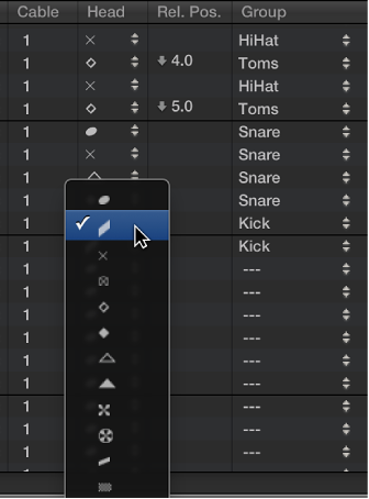 Figure. Head pop-up menu in the Mapped Instrument window.