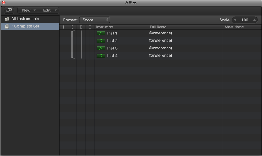 Figure Instrument column in the Score Set window.