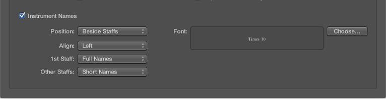 Figure. Instrument Names section of Numbers and Names pane.
