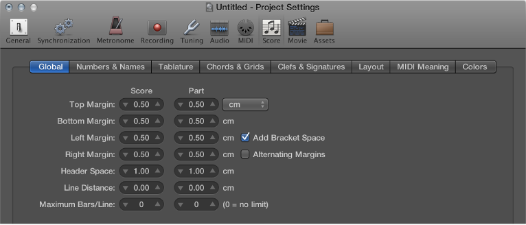 Figure. Global pane in the Score project settings.