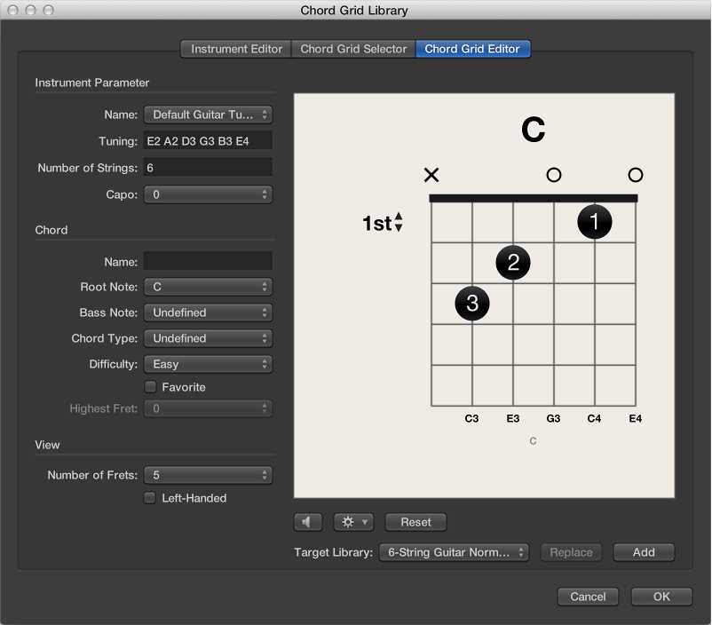 Figure. Chord Grid Editor pane in the Chord Grid Library window.