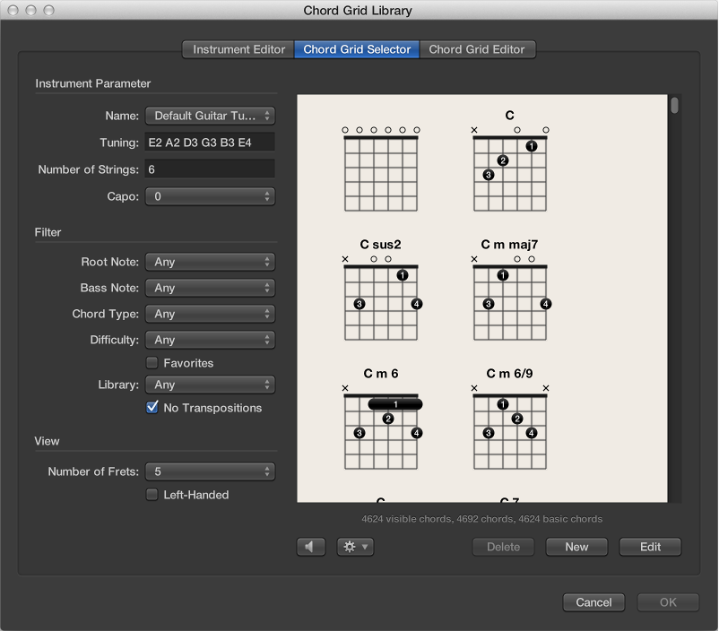 Figure. Chord Grid Selector pane in the Chord Grid Library window.