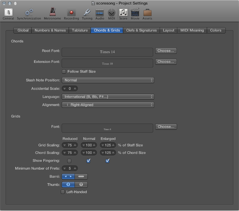 Figure. Chords and Grids pane in the Score project settings.