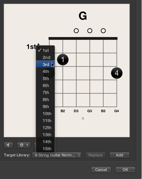 Figure. Choosing a fret number from the pop-up menu.