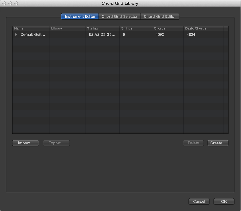 Figure. Instrument Editor pane in Chord Grid Library window.