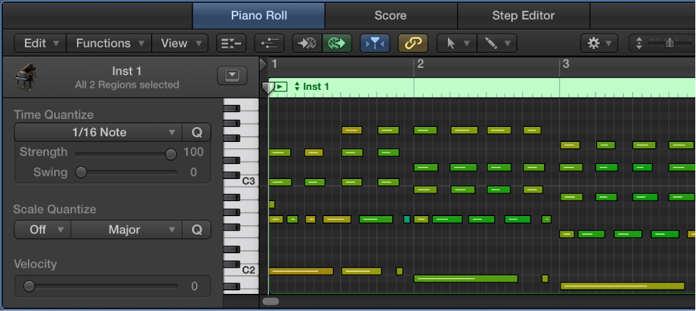 Figure. Quantizing notes in the Piano Roll Editor.