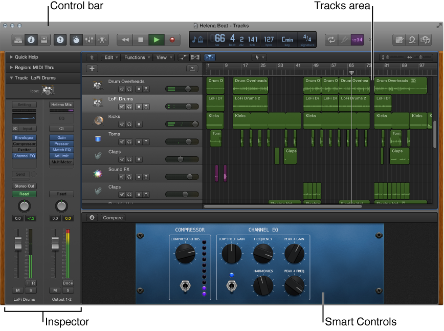 Figure. Logic Pro main window with main working areas.