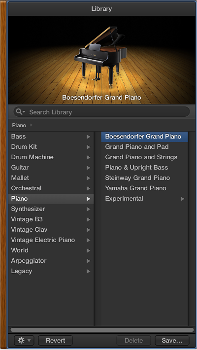 Figure. The Library with the Piano category and a Grand Piano patch selected.