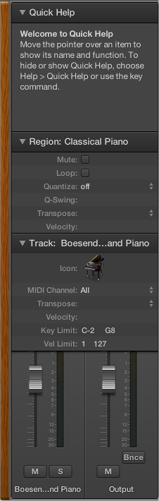Figure. The inspector, showing the Quick Help area, the Region inspector, Track inspector, and Inspector channel strips.