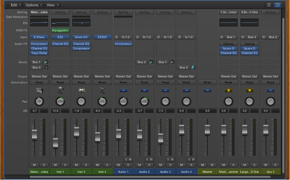 Figure. The Mixer, showing audio, software instrument, auxiliary, and master channel strips.