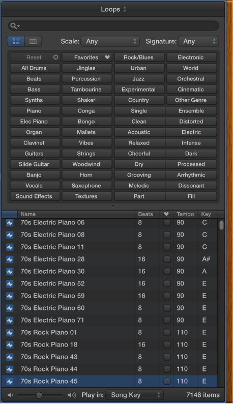 Figure. The Loop Browser, showing keyword buttons and matching loops in the Results list.