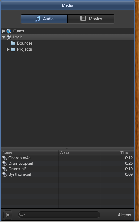 Figure. The All Files Browser, showing the Audio Files and Bounces folders, and audio files in the Logic folder.