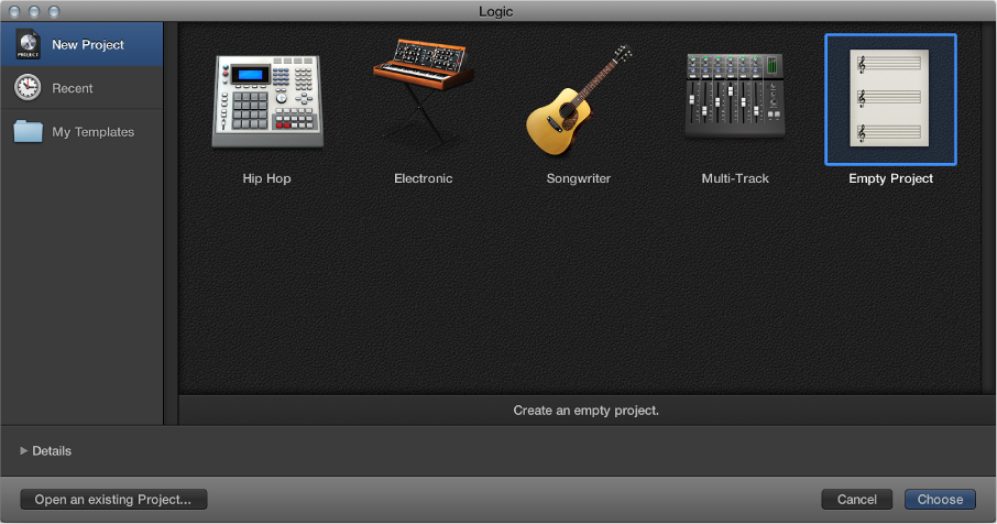 Figure. The Project Chooser, with an Empty Project template selected.