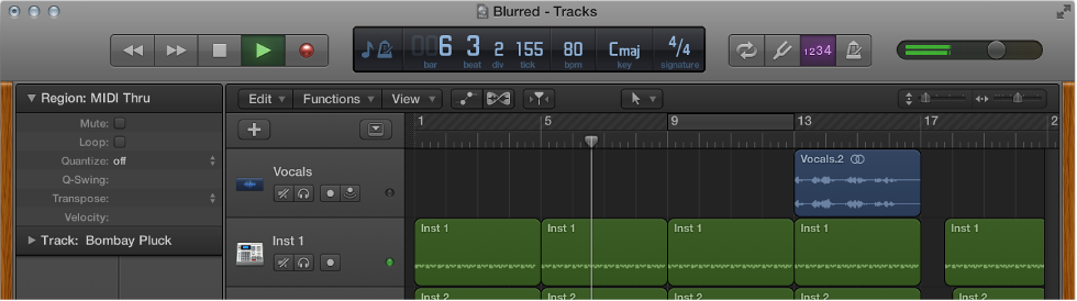 Figure. The top of the Tracks area, showing the ruler and the playhead.