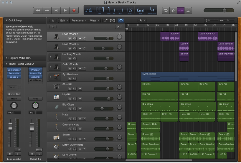 Figure. Logic Pro showing the Tracks area for the demo project.