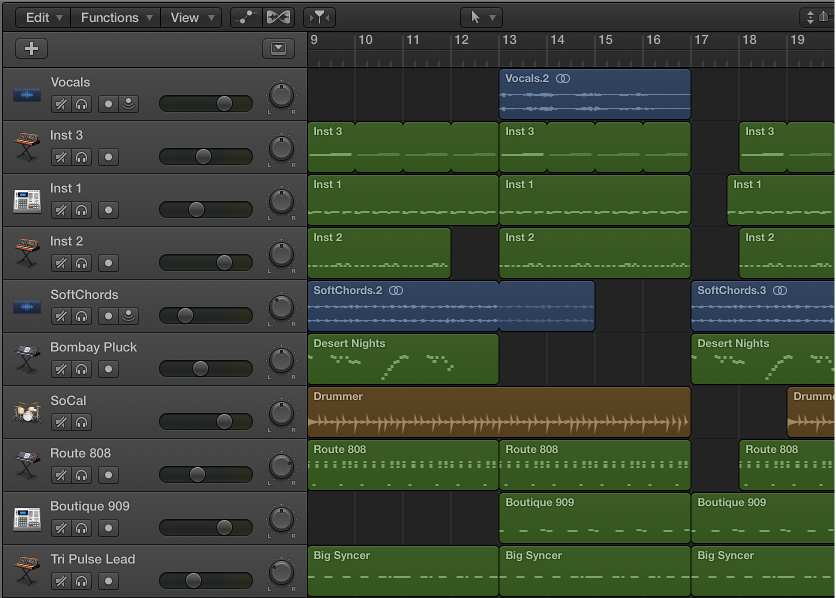 Figure. The Tracks area, showing audio, software instrument, and Drummer regions.
