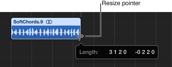 Figure. Resizing a region in the Tracks area. The Help tag shows the length of the region.