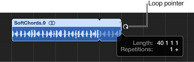 Figure. Looping a region in the Tracks area. The Help tag shows the region length and the number of repetitions.