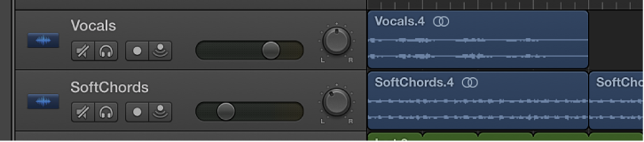 Figure. Audio tracks and audio regions in the Tracks area.