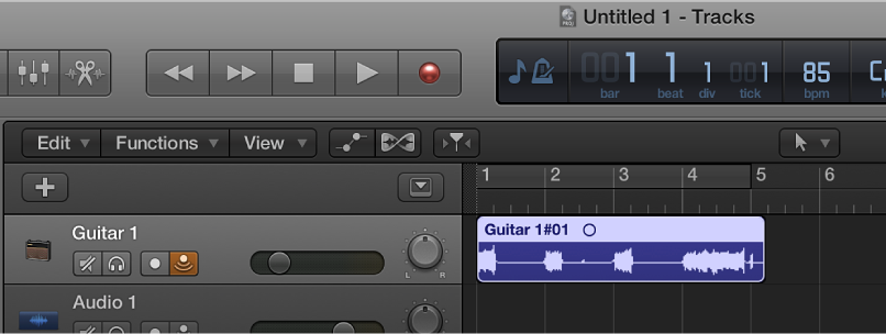 Figure. The Tracks area, showing the new audio region after recording.