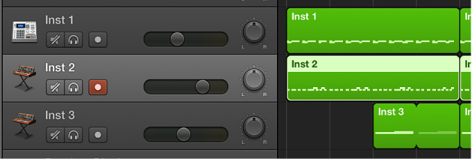 Figure. The Tracks area, showing software instrument regions on software instrument tracks.
