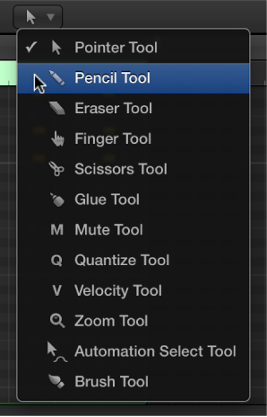 Figure. The Tool menu in the Piano Roll Editor, with the Pencil tool selected.