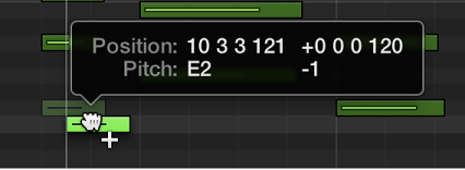 Figure. Option-dragging a note to copy it in the Piano Roll Editor. The Help tag shows the notes position and pitch.