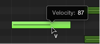 Figure. Editing the velocity of a MIDI note in the Piano Roll using the Velocity tool. The Help tag shows the Velocity value.