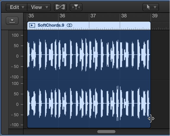 Figure. The trim pointer over the lower-right edge of an audio region in the Audio Track Editor.