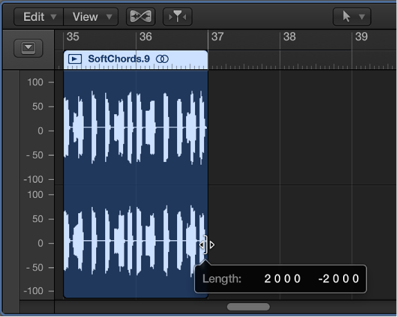 Figure. Trimming an audio region in the Audio Track Editor. The Help tag shows the region length.