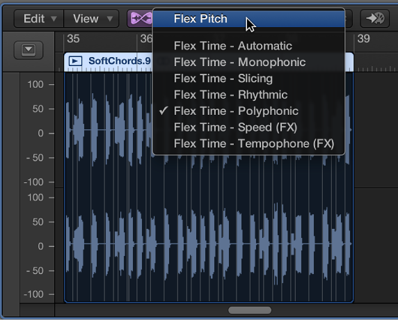 Figure. The Flex pop-up menu, with Flex Pitch mode selected.