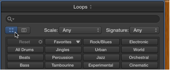 Figure. The Loop Browser showing keyword butons and the Button View button.