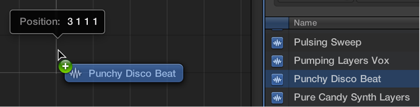 Figure. Dragging a loop from the Loop Browser into the Tracks area. The Help tag shows the loop position.