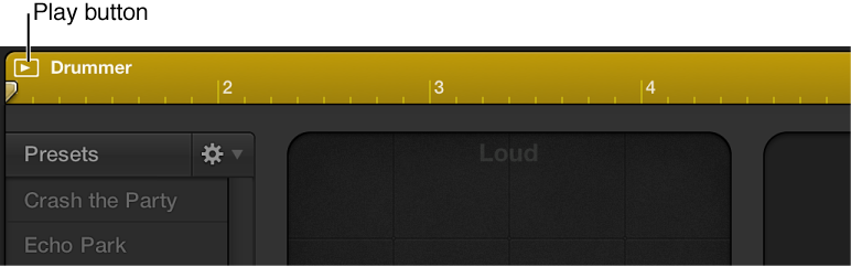 Figure. Clicking the Play button in the upper-left area of the Drummer Editor.