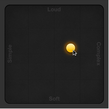 Figure. Dragging the puck in the XY pad of the Drummer Editor.