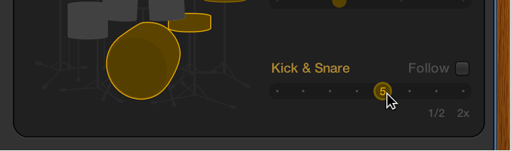 Figure. Dragging the Kick & Snare slider in the Drummer Editor.