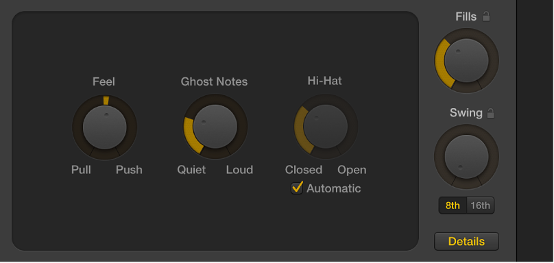 Figure. Drummer Editor with the Details button selected, showing the Feel, Ghost Notes, and Hi-Hat knobs.