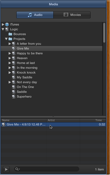 Figure. The Media Browser with the Audio tab selected, showing Logic projects.