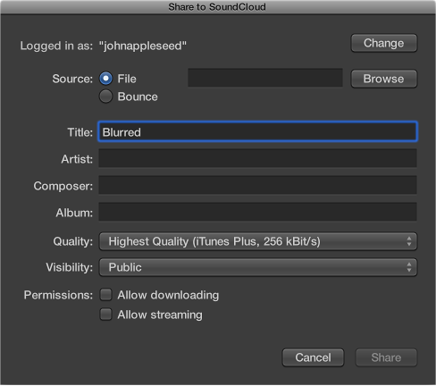 Figure. Share to SoundCloud dialog.
