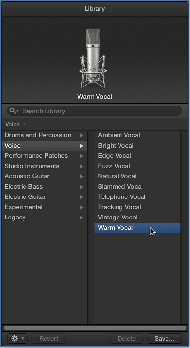 Figure. The Library with a vocal patch selected.