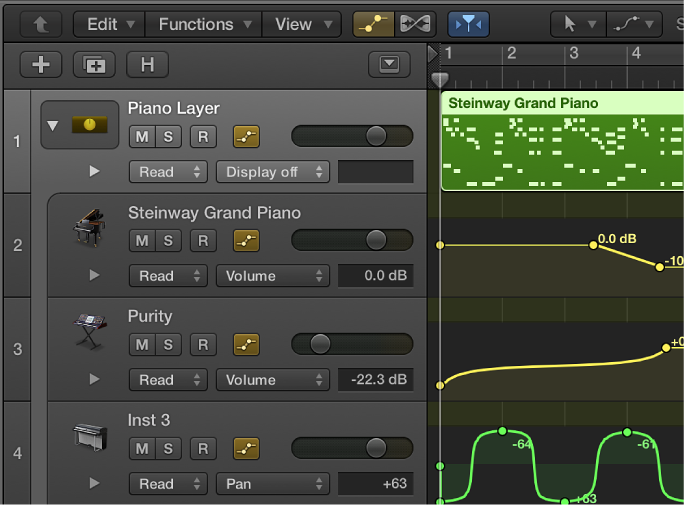 Figure. Track Stack open in the Tracks area, showing overview and automation curves.