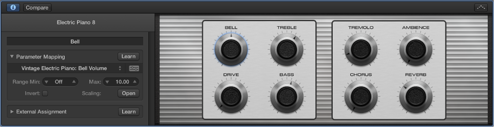 Figure. The Smart Controls pane showing screen controls for a patch. The Smart Control inspector is open, showing a mapping for the selected screen control.