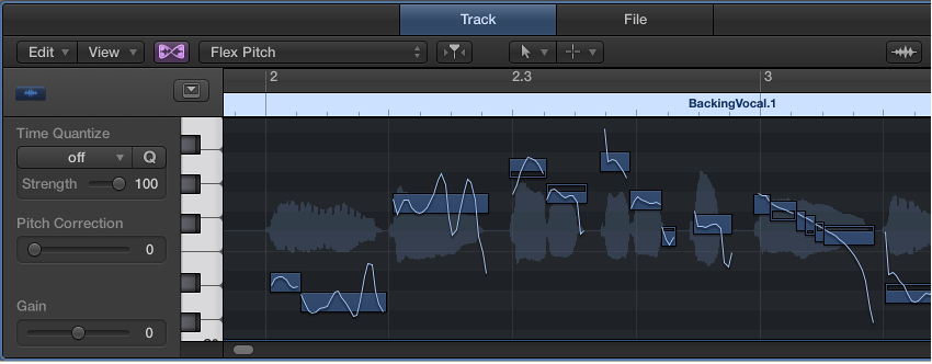 Figure. The Audio Track Editor, showing a region in Flex Pitch mode.