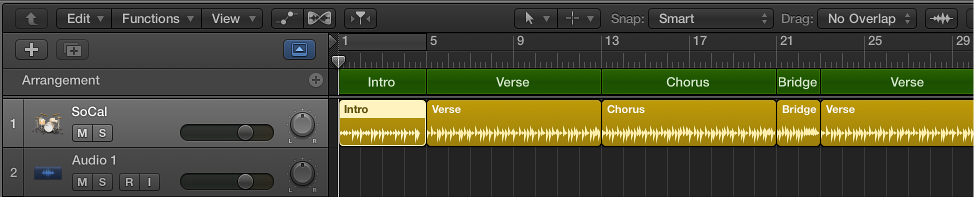 Figure. A Drummer track containing five regions to match the five arrangement markers.