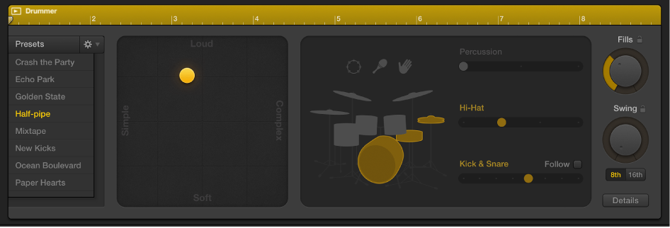 Figure. Drummer Editor right side showing region-based settings.