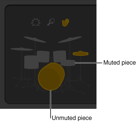 Figure. Muted and unmuted kit pieces in the Drummer Editor.
