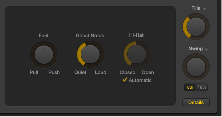 Figure. Feel knob, Ghost Notes knob, and Hi-Hat knob in the Drummer Editor.