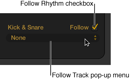 Figure. Follow checkbox and Follow Track pop-up menu in the Drummer Editor.