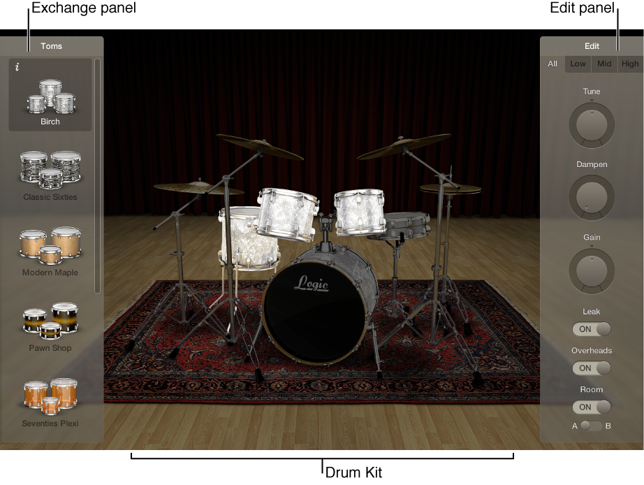 Figure. Drum Kit Designer showing the drum kit, Exchange panel, and Edit panel.