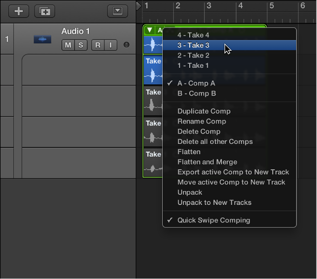 Figure. Choosing a take from the pop-up menu.